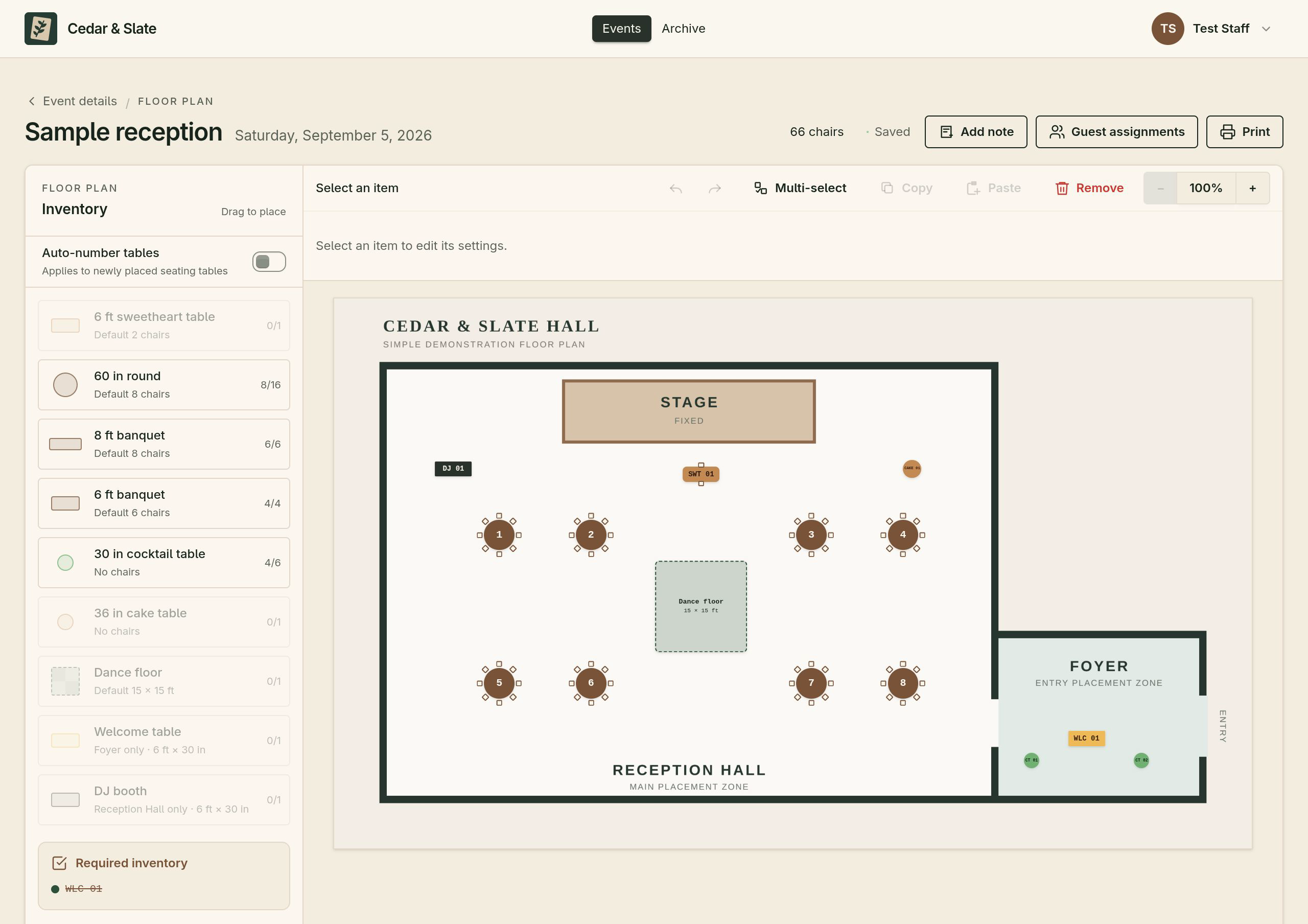 The Tables planner showing guest tables and a foyer at the fictional Cedar and Slate Hall.